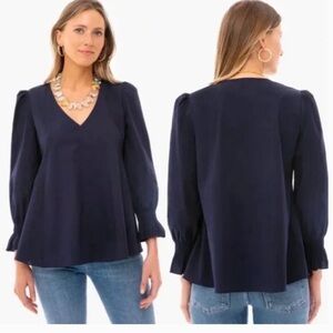 Pomander Place Tuckernuck Easton Blouse Poplin V-neck Puff Sleeve Blue Small